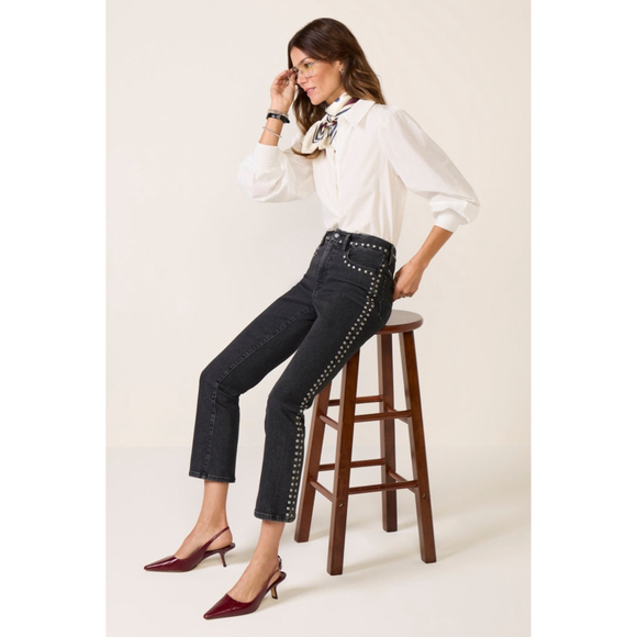 Women's GOOD AMERICAN Black Studded Straight Leg Jeans Size 2 - Picture 3 of 9